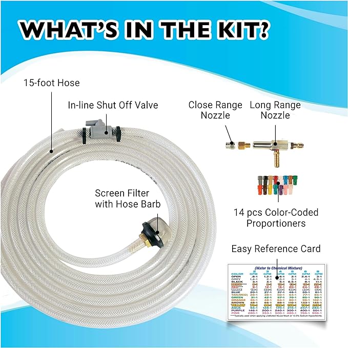 X-JET NOZZLE KIT#16 | 5-6.5 GPM | Fixed Long-Range External Chemical Injection Nozzle for Efficient Chemical Application | 15-Color Proportioner Set & 15ft Hose Assembly | Extended Reach